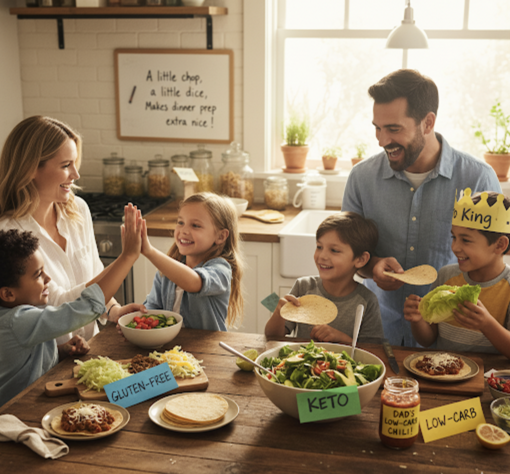 Family cooking together with different diet options